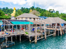 Koh Kood Island, Thailand - May 26, 2014: View of Baan Ao Salad port and fishing village on Koh Kood Island, Thailand